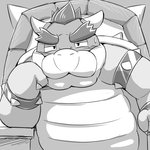 anthro belly biped blush bodily_fluids kemono male overweight overweight_anthro overweight_male sitting solo sweat emufu mario_bros nintendo bowser koopa scalie 1:1 2015 monochrome