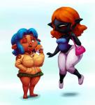 big_breasts black_body black_skin blue_hair bodily_fluids bottomwear breasts clothed clothing crossgender dark_body dark_skin drooling duo eyeless female food footwear grass_skirt green_eyes hair hand_in_pocket huge_breasts jacket lips meat_bun not_furry one_eye_closed open_mouth pants pockets purse red_hair saliva shoes short_stack simple_background smile thick_thighs topwear wide_hips wink outta_sync level-5 yo-kai_watch chatalie grubsnitch ghost humanoid spirit 2019