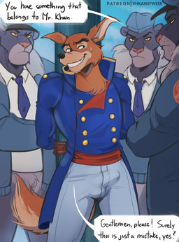 anthro arms_tied bodily_fluids bottomwear bound bulge clothed clothing collared_shirt day detailed_bulge dialogue dress_shirt erection erection_under_clothing eyebrows frown fur genital_outline group hands_behind_back hat headgear headwear jacket male necktie open_clothing open_jacket open_topwear outside pants penis_outline pole shirt smile standing sweat sweatdrop teeth text topwear tuft vhkansfweer disney talespin don_karnage canid canine canis felid mammal pantherine red_wolf wolf 2022 english_text