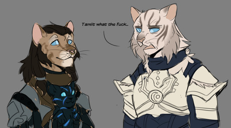 anthro armor black_hair blue_eyes feral fur hair male profanity text white_body white_fur alchememe bethesda_game_studios microsoft the_elder_scrolls the_elder_scrolls_online zerith-var domestic_cat felid feline felis khajiit mammal pantherine tiger english_text hi_res