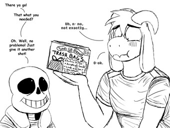 anthro bag blush bone box container dialogue duo embarrassed horn male skeleton text trash_bag komododad deltarune undertale undertale_(series) asriel_dreemurr sans_(undertale) animated_skeleton boss_monster_(undertale) bovid caprine goat humanoid mammal undead 2025 4:3 black_and_white comic english_text hi_res monochrome