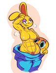 abs anthro biceps big_breasts bodily_fluids breasts female holidays mascot_suit muscular muscular_anthro muscular_female musk nipples pubes solo sweat yellow_body argylesockx animal_crossing easter nintendo easter_bunny zipper_t._bunny lagomorph leporid mammal rabbit