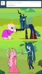 adventure_time blue_eyes changeling clothed clothing crossover crown dress duo equine female feral fluffle_puff friendship_is_magic green_eyes green_hair hair horse mammal marceline mixermike622 my_little_pony nymph open_mouth outside pants pink_hair pony princess_bubblegum queen_chrysalis_(mlp) shirt style_parody tiara wings
Rating: Safe
Score: 12
User: anthroking
Date: April 22, 2013