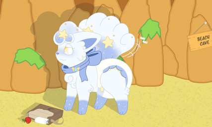all_fours apple bag beach beach_cave_(pmd) blush bow_ribbon cast_shadow clothed clothing diaper feral fluffy_tails folded_diaper food fruit fur glistening glistening_eyes imminent_wetting looking_back moss multi_tail narrowed_eyes outside plant rock satchel scarf sign solo star tail tail_motion tailwag wearing_diaper white_body white_fur yellow_eyes 81yffulfmm nintendo pokemon pokemon_mystery_dungeon spike_chunsoft alolan_form alolan_vulpix generation_7_pokemon pokemon_(species) regional_form_(pokemon) 5:3 absurd_res hi_res