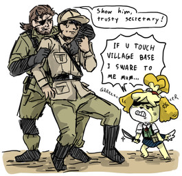 angry anthro blue_bottomwear blue_clothing blue_skirt bottomwear clothed clothing dialogue eye_patch eyewear female fur group growling kerchief knife male paws simple_background skirt text uniform white_background yellow_body yellow_fur mitogenesis animal_crossing konami metal_gear nintendo isabelle_(animal_crossing) venom_snake canid canine canis domestic_dog human mammal shih_tzu toy_dog 2015 crossover english_text