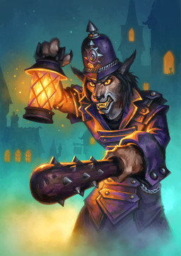 angry button_(fastener) chain city cityscape claws clothing club_(weapon) detective fangs female fog frown hair intimidation lamp lantern long_hair melee_weapon night police police_hat police_uniform robe scowl snarling solo spikes teeth uniform weapon yellow_eyes matt_dixon blizzard_entertainment hearthstone warcraft canid mammal werecanid werecreature worgen 2018