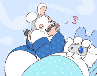 anthro arms_bent bed black_facial_hair black_hair_bow black_mustache blue_background blue_blanket blue_clothing blue_eyes blue_inner_ear blue_suit closed_smile clothed clothed_anthro clothed_male clothing curly_hair duo facial_hair floppy_ears furniture grey_hair hair half-closed_eyes hands_together head_on_pillow headboard long_ears looking_at_another lying lying_on_bed male markings medium_hair mitten_hands mole_(marking) mouth_closed musical_note musical_symbol mustache narrowed_eyes no_eyebrows noseless on_bed one_eye_closed open_mouth overweight overweight_anthro overweight_male pillow pink_tongue simple_background singing smile suit symbol tan_body tan_eyelids tan_inner_ear tan_skin tongue under_blanket white_cravat white_pillow fuposey mario_bros mario_plus_rabbids_kingdom_battle nintendo raving_rabbids rayman_(series) ubisoft phantom_of_the_bwahpera spawny ghost hybrid lagomorph mammal rabbid spirit 2017 crossover digital_drawing_(artwork) digital_media_(artwork) english_description flat_colors