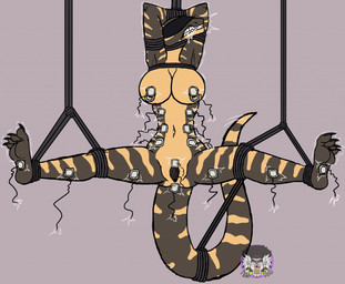 4_toes anthro barefoot bdsm blindfold bodily_fluids bondage bound breasts electricity electrostimulation feet female foot_fetish fully_bound hands_behind_head nipple_piercing nipple_ring nipples non-mammal_nipples nude piercing plantigrade restrained restraints ring_piercing rope saliva slave soles solo submissive submissive_female suspension toes torture angry_koala margret_(rex5611) lizard monitor_lizard reptile scalie