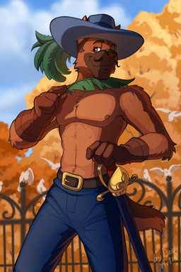 anthro bedroom_eyes belt bottomwear clothed clothing facial_hair gloves handwear hat hat_feather headgear headwear holding_feather loose_feather male melee_weapon muscular muscular_anthro muscular_male mustache narrowed_eyes navel nipples outside pants pecs scabbard seductive shirtless_male smile solo standing sword tail topless topless_male weapon leo-artis porthos_(muskehounds) canid canine canis domestic_dog german_shepherd herding_dog mammal pastoral_dog hi_res