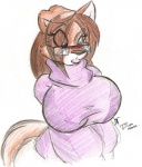 anthro big_breasts black_nose breasts clothed clothing female fur hair huge_breasts long_hair orange_body orange_fur purple_eyes solo sweater topwear white_body white_fur tigerblack fyxe canid canine fox mammal traditional_media_(artwork)