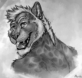 anthro beard ear_piercing ear_ring facial_hair gauged_ear hair industrial_piercing looking_at_viewer male male_anthro open_mouth open_smile piercing ring_piercing short_hair simple_background smile solo whiskers chumbasket 2016 dated monochrome signature