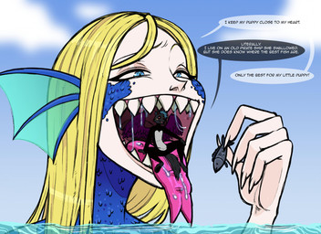anthro blonde_hair blue_body blue_scales bodily_fluids ear_fins extreme_size_difference female fin hair male open_mouth saliva saliva_on_tongue scales sea sharp_teeth size_difference teeth text tongue uvula vore water wetsuit thetunafish mythology animal_humanoid canid canine canis dragon dragon_humanoid fish humanoid mammal marine mythological_creature mythological_scalie scalie siren wolf english_text hi_res