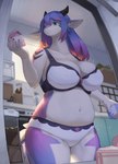 2022 5_fingers anthro appliance belly big_breasts blue_eyes bra breasts claws cleavage clothed clothing colored_edge_bra curvy_figure digital_media_(artwork) dragon female female_anthro finger_claws fingers fridge hair hi_res holding_object horn huge_breasts inside kemono kitchen kitchen_appliance lanya_(shian) low-angle_view milk_carton multicolored_body multicolored_hair mythological_creature mythological_scalie mythology navel panties pink_body pink_hair portrait purple_body purple_hair scalie shaded shian signature slightly_chubby solo tail tail_mane thick_thighs three-quarter_portrait translated_description underwear underwear_only voluptuous white_body wide_hips