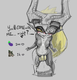 armor blonde_hair blush bodily_fluids breasts clothing dialogue eyelashes front_view fused_shadow genital_fluids grey_background grey_body hair headgear headwear helmet humanoid_pointy_ears interaction_drive intersex leaking_precum long_hair looking_at_viewer navel nipple_outline one_eye_obstructed pointy_ears precum prehensile_hair red_eyes simple_background small_breasts snaggle_tooth solo talking_to_viewer text thick_thighs wide_hips yellow_sclera sixie_(artist) nintendo the_legend_of_zelda twilight_princess midna humanoid imp twili hi_res