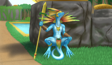 absurd_res against_wall ambiguous_gender anthro armor blep crouching hi_res holding_object holding_weapon jewelry lizardman_(warhammer_fantasy) melee_weapon necklace outside polearm skink_(warhammer_fantasy) solo spear spread_legs spreading testowepiwko tongue tongue_out unconvincing_armor warhammer_fantasy weapon