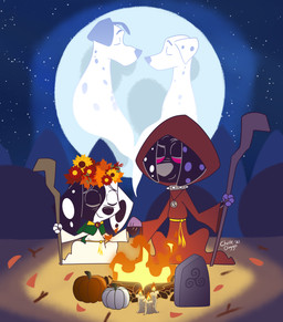bonfire brown_hood duo feral light male moonlight night toony chelledoggo 101_dalmatian_street 101_dalmatians disney dante_(101_dalmatians) deepak_(101_dalmatians) perdita pongo canid canine canis dalmatian domestic_dog mammal hi_res