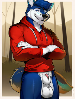 animal_genitalia anthro balls blue_body blue_eyes blue_fur bottomless bottomless_anthro bottomless_male clothed clothing crossed_arms fur genitals looking_at_viewer male male_anthro muscular muscular_anthro muscular_male outside penis penis_tip sheath smile solo standing tail teeth white_body white_fur blaker canid canine canis mammal wolf 2024 hi_res