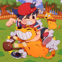 backpack backwards_baseball_cap backwards_hat band-aid bandage baseball_bat baseball_cap bat_(object) black_hair bodily_fluids brown_eyes bruised clothing cloud drooling fight fur group hair hat headgear headwear male markings one_eye_closed plant saliva sky smile spots spotted_body spotted_fur tree yellow_body yellow_fur yereren earthbound_(series) nintendo ninten human hyena hyena_(earthbound) mammal 1:1 2020 hi_res