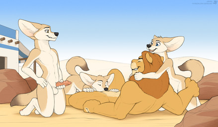 anthro balls blue_eyes brown_eyes desert erection fellatio fur genitals group group_sex interspecies male male/male mane masturbation nude oral orgasm_face outdoor_nudity outside outside_sex penile penile_masturbation penis sex tan_body tan_fur text vein veiny_penis jishinu canid canine felid fennec_fox fox lion mammal pantherine true_fox 2025 hi_res url