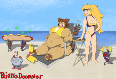 anthro beach beverage big_breasts bikini blush boots breasts brown_hair clothing feet female food footwear fur giant_food group hair hot_dog hug huge_breasts lipstick makeup mustard obese outside overweight pawpads paws plus_sign seaside shoes sitting standing swimwear tan_body tan_fur two-piece_swimsuit water whiskers dielya_doomstar gameoverse glitch_productions floaties_(gameoverse) kaboodle_(gameoverse) kit_bodega miss_information domestic_cat felid feline felis human mammal absurd_res hi_res