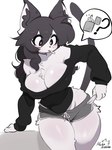anthro big_breasts black_hair black_nose bottomwear breasts chest_tuft choker cigarette cleavage clothed clothed_female clothing dolphin_shorts female female_anthro fully_clothed fur hair jewelry lighter long_hair necklace no_underwear pockets shorts solo speech_bubble sweater thick_thighs topwear tuft white_body white_fur makonekko mako_(makonekko) animal_humanoid domestic_cat felid felid_humanoid feline feline_humanoid felis humanoid mammal mammal_humanoid 2025 3:4 detailed digital_drawing_(artwork) digital_media_(artwork) hi_res portrait signature