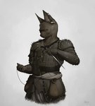 anthro armor black_body black_skin clothing dagger hairless leather leather_clothing male melee_weapon piercing simple_background solo spiked_clothing spikes weapon yellow_eyes mikelocesterlanders domestic_cat felid feline felis hairless_cat mammal sphynx_(cat) absurd_res hi_res