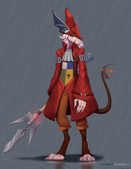 4_fingers 4_toes anthro biped claws clothed clothing digitigrade feet female fingers grey_background hair hat headgear headwear holding_object holding_weapon outside raining red_clothing red_hat red_headwear simple_background solo standing toe_claws toes weapon doomthewolf final_fantasy final_fantasy_ix square_enix freya_crescent burmecian mammal rodent 2021 digital_media_(artwork) hi_res