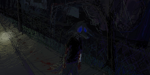 anthro blood blue_body blue_fur bodily_fluids building city detailed_background fur male night outside road sad self-harm solo demensa emil_(demensa) canid canine canis coyote domestic_dog hybrid mammal 2019 2:1 digital_media_(artwork) pixel_(artwork)