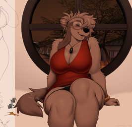 anthro big_breasts black_claws black_clothing black_nose black_panties black_underwear bracelet breasts brown_body brown_fur brown_hair claws cleavage clothed clothing clothing_around_legs crossgender dress ear_piercing ear_ring eyewear facial_piercing female finger_claws fingers fur glasses hair hair_bun jewelry labret_piercing lip_piercing mature_female mtf_crossgender necklace panties panties_around_legs piercing red_clothing red_dress ring_piercing smile solo tail tail_motion tailwag underwear underwear_around_legs wearing_glasses nextel reed_(bearra) canid canine canis domestic_dog mammal 2026 hi_res