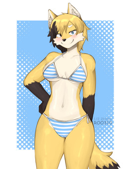 anthro bikini chest_fur clothing female fur solo swimwear two-piece_swimsuit yellow_body yellow_fur roo310 manaw canid canine fox mammal 3:4 absurd_res hi_res