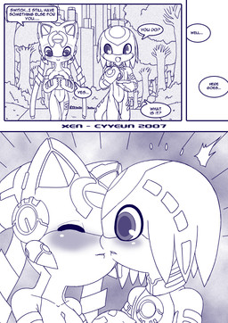 :d ^_^ anthro blush border breasts building city cityscape collar detailed_background dialogue duo eating eyes_closed facial_markings female female_anthro forehead_markings grass hair head_markings imminent_kiss kemono looking_at_another machine male male_anthro markings open_mouth open_smile outside park plant shrub sky smile speech_bubble standing text tree walking white_border cyyeun xen_(series) izzy_(xen) switch_(xen) ambient_bird lagomorph leporid mammal rabbit robot robot_anthro 2007 blue_and_white blue_monochrome comic dated english_text monochrome