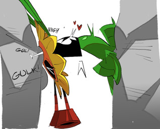 abdominal_bulge anthro anthro_penetrated biped bodily_fluids bottomless bottomless_female clothed clothing emanata extreme_size_difference eyes_closed eyewear fellatio female female_penetrated flower genitals goggles group heart_symbol human_on_anthro human_penetrating human_penetrating_anthro interspecies larger_human leaf_legs male male/female male_penetrating male_penetrating_female mmf_threesome muffled_moaning nude_male oral pectoral_bulge penetration penile penis penis_in_mouth plant saliva saliva_on_penis sex shirt shirt_only size_difference smaller_anthro smaller_penetrated spitroast struggling submissive submissive_female suspended_via_penetration topwear topwear_only trio real_saming electronic_arts plants_vs._zombies plants_vs._zombies_heroes popcap_games solar_flare_(pvz) elemental_creature flora_fauna flower_creature human mammal sunflower_(pvz) 2026 hi_res