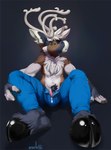 anthro antlers arm_tuft biped black_ears black_hooves black_pubes blue_bottomwear blue_clothing bottomwear brown_body brown_fur bulge cheek_tuft chest_tuft clothing facial_tuft flaccid front_view fur genitals glistening glistening_hooves green_eyes grey_body grey_fur hair hooves horn inner_ear_fluff male multicolored_body multicolored_fur narrowed_eyes navel open_mouth penis penis_base pink_penis pubes short_hair shoulder_tuft simple_background sitting solo spread_legs spreading tuft white_antlers white_body white_ears white_fur white_hair white_inner_ear white_inner_ear_fluff oselotti mnty_(character) deer mammal 2015 hi_res signature