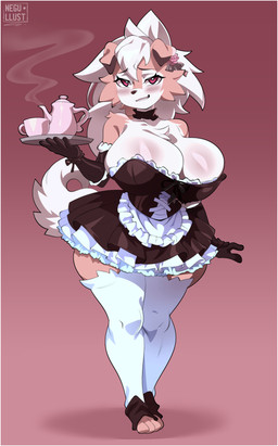 anthro big_breasts biped blush breasts clothed clothing eyebrows eyelashes female front_view legwear looking_at_viewer maid_uniform pupils smile solo standing thick_thighs thigh_highs uniform negullust nintendo pokemon generation_7_pokemon lycanroc midday_lycanroc pokemon_(species) hi_res