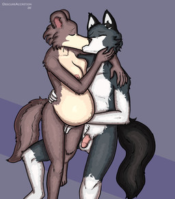 anthro areola balls belly big_belly black_body black_fur black_inner_ear_fluff brown_body brown_fur duo eyes_closed female flaccid fur genitals gloves_(marking) grey_body grey_fur humanoid_genitalia humanoid_hands humanoid_penis inner_ear_fluff kissing leg_markings male male/female markings navel nipples nude nude_anthro nude_female nude_male outie_navel penis pink_areola pink_inner_ear pink_nipples pregnant pregnant_anthro pregnant_female socks_(marking) tan_body tan_fur tuft white_body white_fur obscureaccretion beastars mayternity mayternity_2026 juno_(beastars) ob_(obscureaccretion) 2026 absurd_res digital_drawing_(artwork) digital_media_(artwork) english_description hi_res