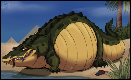 after_vore all_fours belly belly_on_ground belt big_belly black_border bloated border claws clothing fabric fangs feral fully_inside grass half-closed_eyes hat headgear headwear looking_back lying male mouth_closed narrowed_eyes nude obese obese_feral obese_male on_front overweight overweight_feral overweight_male plant pyramid sand scales solo teeth tongue tongue_out tree vore water ramzi niles_(ramzi) crocodile crocodilian reptile scalie 2015 hi_res signature