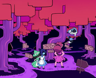 anthro blue_body blue_hair clothing dress female forest group hair male plant purple_body purple_hair signpost text tree deltaruneshitposter alice_in_wonderland deltarune undertale_(series) kris_dreemurr lancer_(deltarune) ralsei susie_(deltarune) darkner human mammal scalie 2019 english_text hi_res