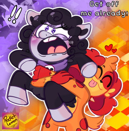 anthro black_body black_fur black_wool duo female fur grey_body heart_symbol hug male orange_body smile text wool_(fur) rocketlennon mob_entertainment nightmare_critters poppy_playtime smiling_critters baba_chops_(poppy_playtime) dogday_(poppy_playtime) bovid canid canine canis caprine domestic_dog mammal sheep english_text hi_res