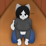 anthro big_breasts black_hair bodily_fluids breasts clothed clothing female fur grey_body grey_fur hair looking_at_viewer on_ground solo sweat tail topwear blista_kanjo luxo_(blista_kanjo) domestic_cat felid feline felis mammal 1:1 2024 digital_drawing_(artwork) digital_media_(artwork) hi_res shaded