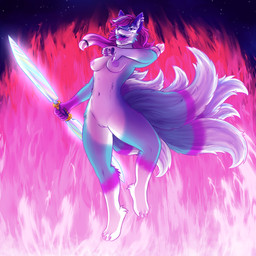 9_tails anthro blue_body blue_fur boots breasts clothing colored_fire detailed_background double-bladed_sword female fire footwear fur genitals glowing_blade glowing_sword glowing_weapon hair holding_object holding_weapon long_hair medium_breasts melee_weapon multi_tail navel nipples nude nude_female piercing pink_fire pink_hair pink_nipples pink_tongue pink_vulva shoes sky slim solo star starry_sky sword tail thick_thighs tongue vulva weapon daviyeen kpop_demon_hunters just_okari canid canine mammal maned_wolf 1:1 absurd_res hi_res