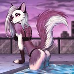 anthro biped black_bra black_clothing black_nose black_panties black_underwear bra breasts butt city city_background clothing detailed_background female fingers floor fluffy fluffy_tail fur grey_body grey_fur grey_hair hair in_pool inner_ear_fluff leaning leaning_forward looking_at_viewer multicolored_body multicolored_fur outside panties partially_submerged pool raised_tail red_sclera smile solo standing standing_in_water tail tile tile_floor tuft two_tone_body two_tone_fur underwear water white_body white_eyes white_fur kenzi.idk helluva_boss mythology loona_(helluva_boss) canid canid_demon canine demon hellhound mammal mythological_canine mythological_creature 1:1 2025 hi_res