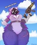 anthro belt blue_sky breasts cloud day dialogue female fur gun insult looking_at_viewer low-angle_view purple_body purple_fur ranged_weapon sky smug smug_grin solo submachine_gun text thick_thighs weapon wide_hips kooriki epic_games fortnite raven_team_leader bear mammal 2024 absurd_res digital_media_(artwork) english_text hi_res shaded