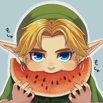 blonde_hair blue_eyes clothing eating food fruit hair hat headgear headwear humanoid_pointy_ears light_body light_skin looking_at_viewer male melon not_furry plant pointy_ears simple_background solo watermelon azcbcd nintendo ocarina_of_time the_legend_of_zelda young_link humanoid hylian 1:1 hi_res