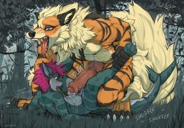 animal_genitalia anthro anthro_on_anthro arf barking big_penis black_body black_fur blush bodily_fluids breath cheek_tuft detailed_background dominant dominant_anthro dominant_male duo erection facial_tuft fangs femboy fluffy fluffy_tail foreskin forest fur genital_fluids genitals grass green_body growling huge_penis humanoid_genitalia humanoid_penis hybrid_genitalia hybrid_penis imminent_anal imminent_sex knot knotted_humanoid_penis knotted_penis larger_anthro larger_dom larger_male leg_grab lying male male/male male_anthro multicolored_body multicolored_fur muscular muscular_anthro muscular_male neck_tuft nipples nude_anthro nude_male on_back open_mouth orange_body orange_fur panting pecs penis penis_awe penis_size_difference plant precum sheath size_difference smaller_anthro smaller_male striped_body striped_fur stripes submissive submissive_anthro submissive_male surprised tail teeth tongue tongue_out tree tuft yellow_body yellow_fur voregence nintendo pokemon aquatic arcanine fish generation_1_pokemon pokemon_(species) shark 2025 hi_res