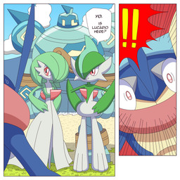 ambiguous_gender anthro dialogue group long_tongue not_furry red_eyes smile text tongue tongue_out white_body ragster_(artist) nintendo pokemon amphibian gallade gardevoir generation_3_pokemon generation_4_pokemon generation_6_pokemon greninja humanoid mammal pokemon_(species) 1:1 comic digital_media_(artwork) english_text hi_res