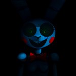 anthro black_background black_sclera blue_body bow_tie breasts buckteeth creepy eyelashes featureless_breasts female glowing glowing_eyes green_eyes looking_at_viewer machine open_mouth open_smile red_bow_tie rosy_cheeks shadow simple_background small_breasts smile solo teeth ahahahahahahahahahaha five_nights_at_freddy's five_nights_at_freddy's_2 roommates:motha scottgames bonbon_(roommates) toy_bonnie_(fnaf) animatronic lagomorph leporid mammal rabbit robot 1:1 2022 digital_media_(artwork) hi_res