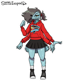 4_arms accessory ambiguous_gender anthro black_sclera blue_body bottomwear brown_hair clothing fluffy fluffy_hair footwear hair hair_accessory hair_tie hoodie looking_at_viewer multi_arm multi_limb pleated_skirt ponytail shoes simple_background skirt sneakers socks solo standing topwear white_background yellow_eyes somesacredbird converse doritos frito-lay somesacredisopod arthropod crustacean isopod malacostracan 2022 digital_drawing_(artwork) digital_media_(artwork) hi_res