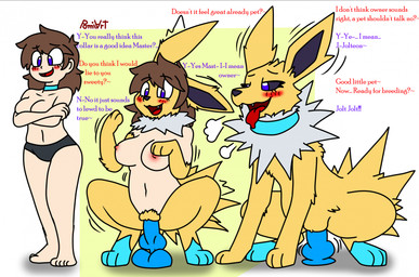 areola black_sclera blue_eyes blue_markings blush breasts breath brown_hair clothed clothing color_coded color_coded_text covering covering_breasts crouching dialogue digitigrade dildo dildo_insertion ear_growth female fur genitals growth hair handpaw human_to_feral leg_markings logo looking_pleasured markings master motion_lines navel nipples open_mouth open_smile panties panties_only paws pokemon_speak sex_toy sex_toy_insertion smile socks_(marking) solo species_transformation spread_legs spreading standing text tongue tongue_out topless transformation transformation_sequence underwear underwear_only vulva white_body white_fur yellow_body yellow_fur pomiart nintendo pokemon sammy_(pomiart) canid eeveelution generation_1_pokemon human jolteon mammal pokemon_(species) 2024 artist_logo artist_name colored english_text hi_res