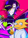 anthro black_hair buckteeth clothing coat duo female gesture grin hair hair_over_eye hand_gesture heart_symbol lab_coat machine makeup male mascara one_eye_obstructed purple_eyes scales simple_background smile teeth topwear v_sign white_body yellow_body yellow_scales kuroiyuki96 undertale undertale_(series) alphys mettaton_ex humanoid lizard reptile robot robot_humanoid scalie 3:4 hi_res