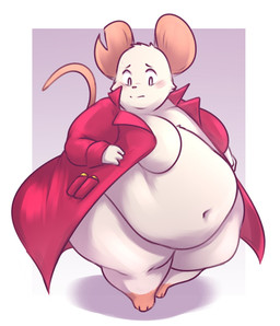 3_toes anthro barefoot belly big_belly blush breasts clothing coat fat_legs featureless_breasts feet female morbidly_obese navel notched_ear obese obese_anthro obese_female overweight overweight_anthro overweight_female paws red_clothing red_coat red_topwear simple_background solo thick_thighs toes topwear wide_hips kelpu_(artist) mina_the_hollower yacht_club_games mina_(mina_the_hollower) mammal mouse murid murine rodent 2023 hi_res